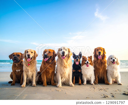 八隻可愛狗狗在美麗的大海中玩耍的天堂 129091797