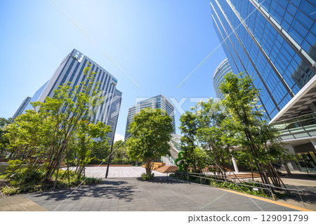 Yokohama cityscape in July. Overlooking the business district in front of Shin-Takashima Station. Yokohama cityscape in July. Overlooking the business district in front of Shin-Takashima Station. 129091799