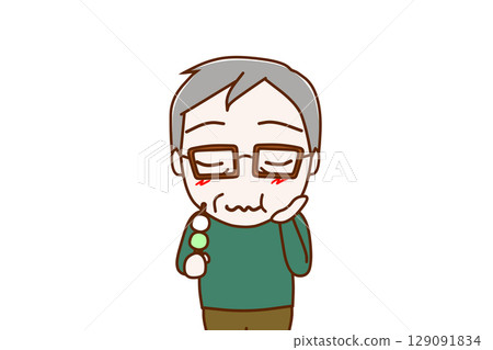 (Front view of upper body) An elderly man enjoying a delicious three-colored dumpling (Front view of upper body) An elderly man enjoying a delicious three-colored dumpling 129091834