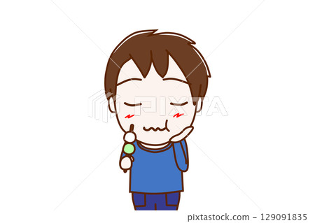 （上半身正面圖）一個男孩正在享用美味的三色餃子 129091835