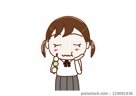 (Front view of upper body) A female student enjoying the taste of three-colored dumplings (Front view of upper body) A female student enjoying the taste of three-colored dumplings 129091836