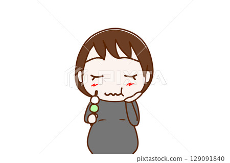 (Front view of upper body) A pregnant woman enjoying a delicious three-colored dumpling (Front view of upper body) A pregnant woman enjoying a delicious three-colored dumpling 129091840