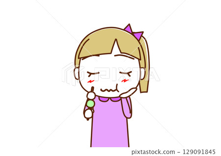 (Front view of upper body) A Caucasian girl enjoying a delicious three-colored dumpling (Front view of upper body) A Caucasian girl enjoying a delicious three-colored dumpling 129091845