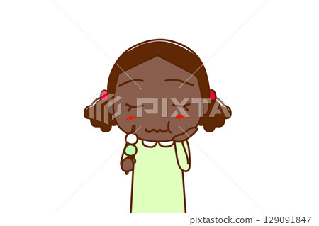 (上身正面圖)一位非洲小女孩正在享用美味的三種餃子。 (上身正面圖)一位非洲小女孩正在享用美味的三種餃子。 129091847