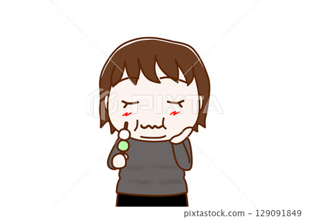 (上半身正面照)一位胖女人正在享用美味的三色餃子 (上半身正面照)一位胖女人正在享用美味的三色餃子 129091849