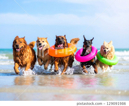 Cute dogs playing in the sea, running happily with colorful swim rings! Cute dogs playing in the sea, running happily with colorful swim rings! 129091986