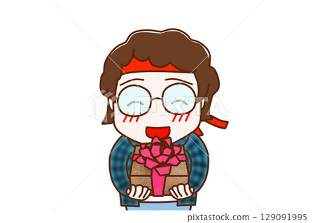 (上半身正面照)一個戴眼鏡的怪人微笑著試圖遞上一束鮮花來慶祝 (上半身正面照)一個戴眼鏡的怪人微笑著試圖遞上一束鮮花來慶祝 129091995