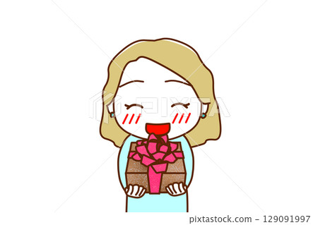 (Front view of upper body) A Caucasian woman smiling and trying to hand over a bouquet of flowers to celebrate (Front view of upper body) A Caucasian woman smiling and trying to hand over a bouquet of flowers to celebrate 129091997