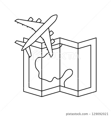 Airplane with map icon. Air travel and tourism item. 129092021