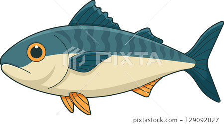 Striped Cartoon Fish with Orange Eyes and Fins on a Black Background 129092027