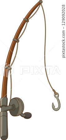 A fishing rod with a curved wooden handle and a metal fishing hook. A fishing rod with a curved wooden handle and a metal fishing hook. 129092028
