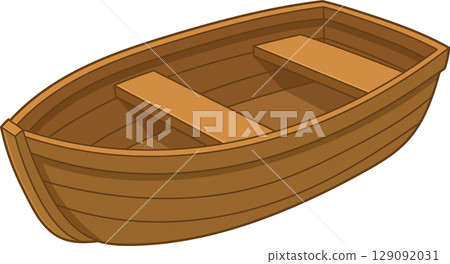 Wooden rowboat illustration with simple design and visible wood grain. 129092031