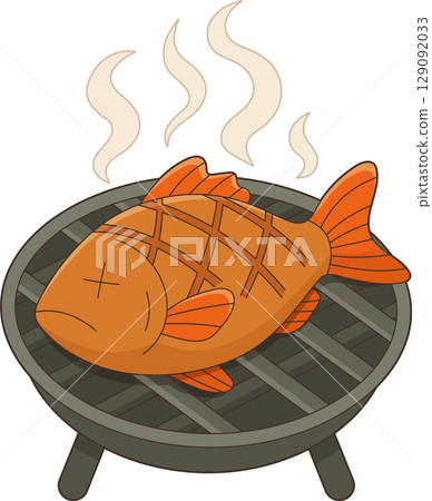 Grilled Fish on BBQ, Cartoon Illustration with Orange Scales and Steam 129092033