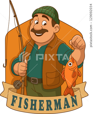 Cartoon man holding a fish he caught using a fishing rod and reel 129092034