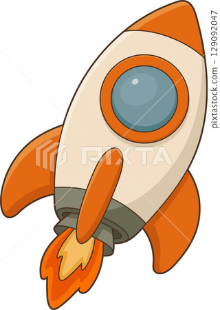 Cartoon rocket launching into space with vibrant colors and exciting flames. 129092047