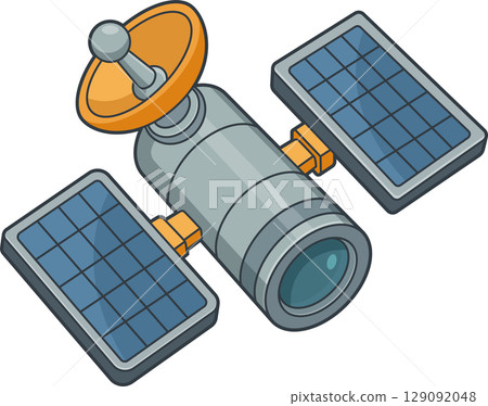 Isometric Satellite orbiting in space with solar panels and radar antenna. 129092048