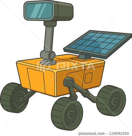 Cartoon rover robot with solar panel and camera, exploring unknown terrain. Cartoon rover robot with solar panel and camera, exploring unknown terrain. 129092050