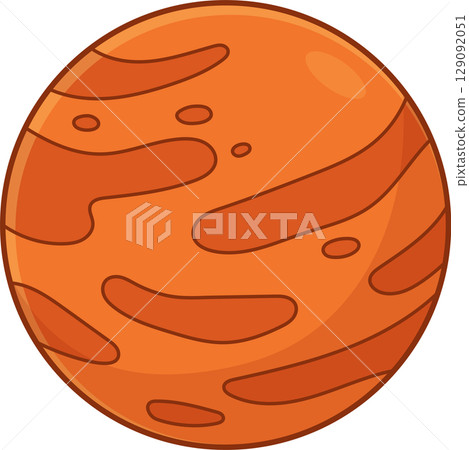 Cartoon illustration of a spherical orange planet with darker orange bands. 129092051