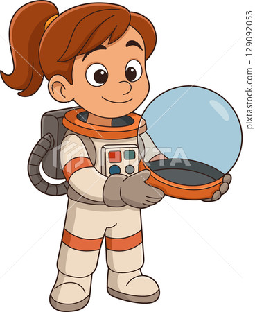 Cartoon girl in an astronaut suit, preparing for an outer space adventure. 129092053