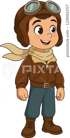 Cartoon aviator boy with goggles, ready for adventure, smiling brightly. 129092057
