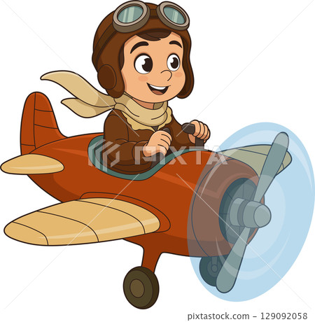 Cartoon boy pilot flies a vintage propeller airplane with big smile. Cartoon boy pilot flies a vintage propeller airplane with big smile. 129092058