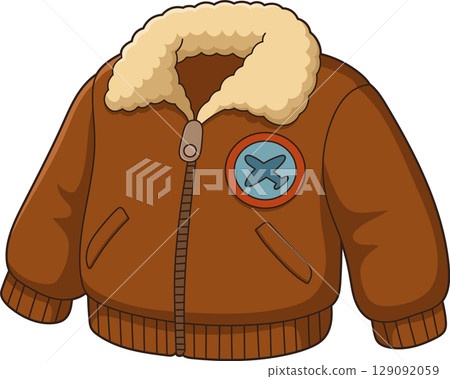 Brown aviator jacket with fur collar and plane patch on a black background 129092059