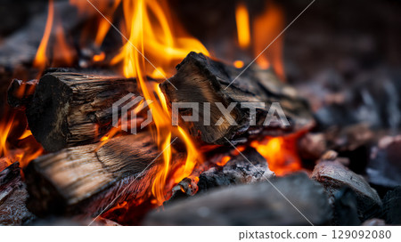 Fireplace or outdoor natural fire, bright burning firewood, cozy atmosphere 129092080