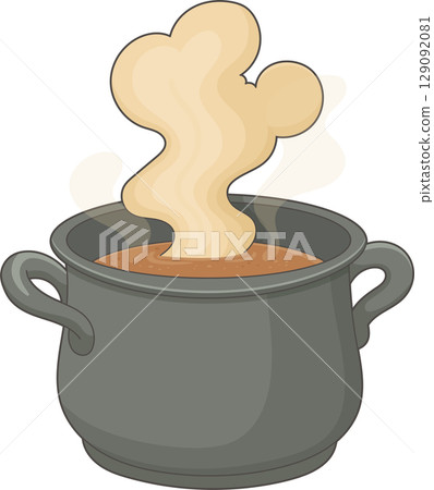 Steaming pot of soup or stew with a grey metal cooking pot and steam swirls 129092081