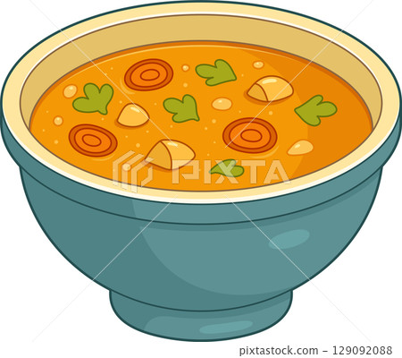 Bowl of warm, comforting cartoon soup with vegetables, herbs, and broth. Bowl of warm, comforting cartoon soup with vegetables, herbs, and broth. 129092088