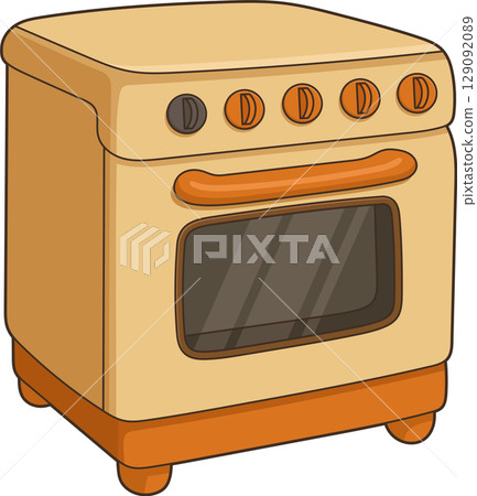 Illustration of a yellow-orange kitchen oven for cooking and baking food. 129092089