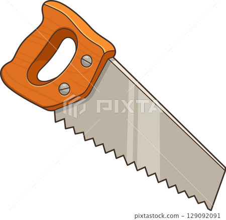 A cartoon hand saw with a wooden handle and a sharp, toothed metal blade. 129092091