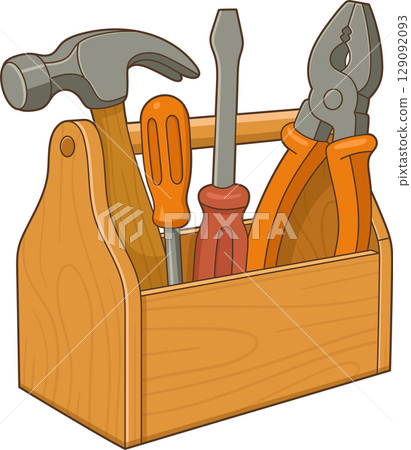 Cartoon toolbox filled with a hammer, screwdrivers, and a pair of pliers. Cartoon toolbox filled with a hammer, screwdrivers, and a pair of pliers. 129092093