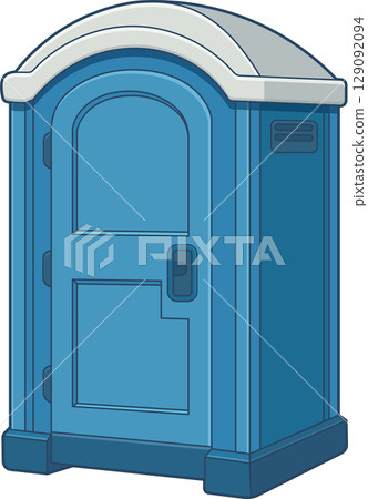 A cartoon styled portable restroom, typically found at events or construction. 129092094