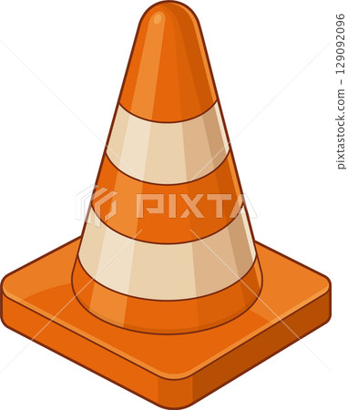 An orange and white striped traffic safety cone with a square base. 129092096