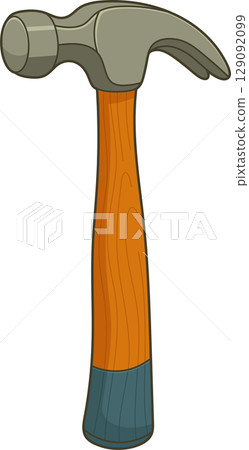 Illustrated hammer with a wooden handle and a gray metal head is centered. 129092099