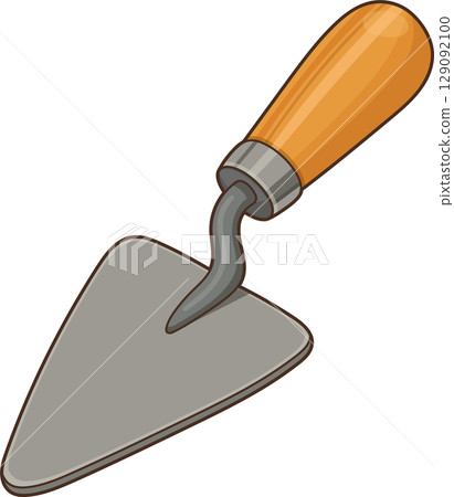 A metal trowel with a wooden handle against a stark black backdrop. 129092100