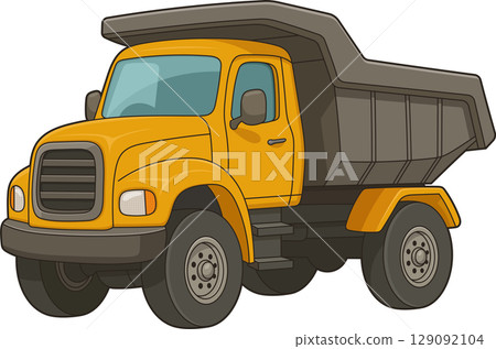 Cartoon yellow dump truck with grey bed designed for construction and hauling. 129092104