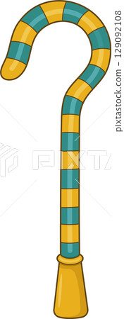 Cartoon walking stick with blue and gold bands, against a black background. 129092108