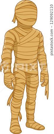 Cartoon Mummy Figure Wrapped in Bandages on a Dark Background Cartoon Mummy Figure Wrapped in Bandages on a Dark Background 129092110