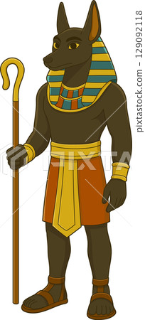 Ancient deity with canine head, adorned in traditional Egyptian clothing Ancient deity with canine head, adorned in traditional Egyptian clothing 129092118