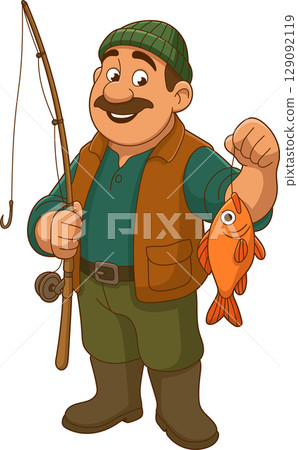Cartoon Fisherman with Fish: A depiction of an outdoorsy fishing enthusiast. Cartoon Fisherman with Fish: A depiction of an outdoorsy fishing enthusiast. 129092119