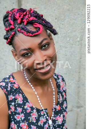 Beautiful African Woman Traditional Headwrap Floral Dress Beautiful African Woman Traditional Headwrap Floral Dress 129092215