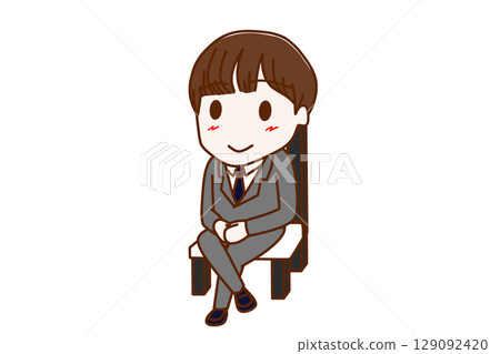 (Full-body angle) A male student sitting on a chair with his legs crossed and smiling 129092420