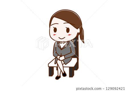 （全身對角線）一位身穿西裝的女士坐在椅子上，雙腿交叉，面帶微笑 129092421