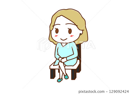 （全身斜視圖）白人女性坐在椅子上，雙腿交叉，面帶微笑 129092424