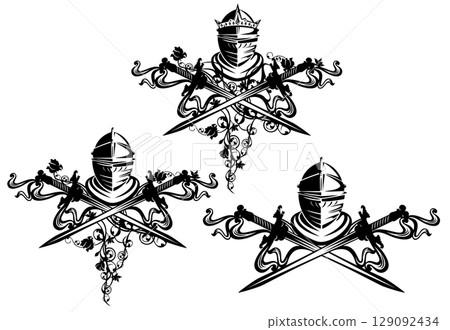 royal knight helmet, crossed swords and roses black and white vector heraldic emblem royal knight helmet, crossed swords and roses black and white vector heraldic emblem 129092434