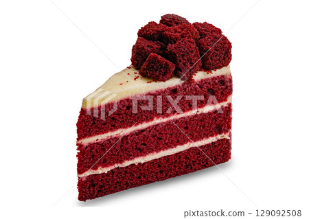 Closeup of red velvet sponge cake isolated on white background with clipping path. Closeup of red velvet sponge cake isolated on white background with clipping path. 129092508