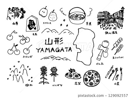 A cute and relaxed illustration set of Yamagata prefecture (line drawings) A cute and relaxed illustration set of Yamagata prefecture (line drawings) 129092557