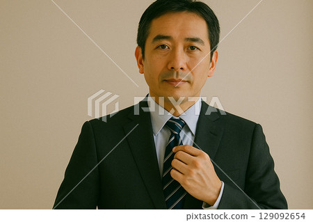 Adjusting your tie before going to work, you'll feel ready for the day 129092654