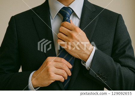 Adjusting your tie before going to work, you'll feel ready for the day 129092655